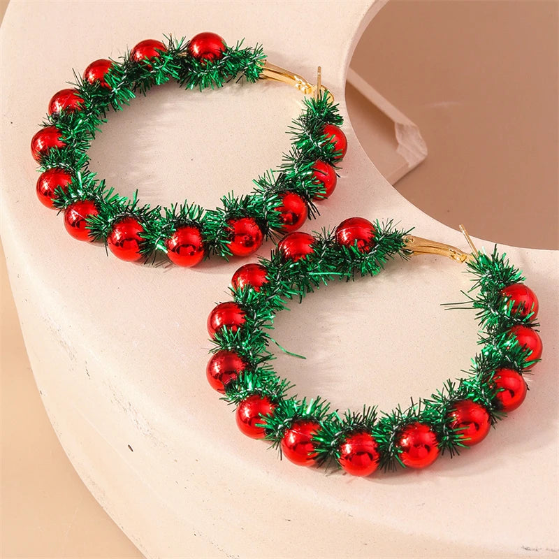 Fashion Merry Christmas Wreath Circle Hoop Gold Women Girls Earrings New Year Festival Jewelry Gifts