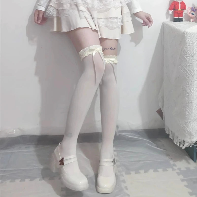 Lace Ruffle Long Sweet Lolita Lace Over The Knee Bowknot Hosiery Black White Women Socks Stockings