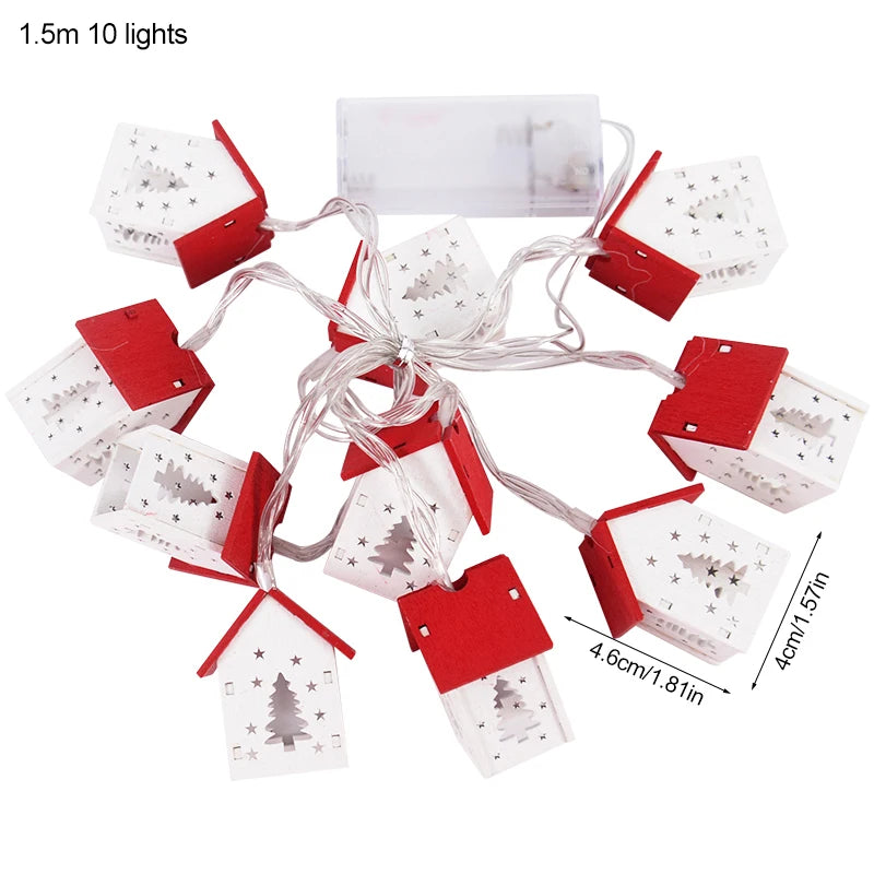 Christmas Wooden House LED String Light Xmas Tree Hanging Ornament Home Decoration New Year Gift