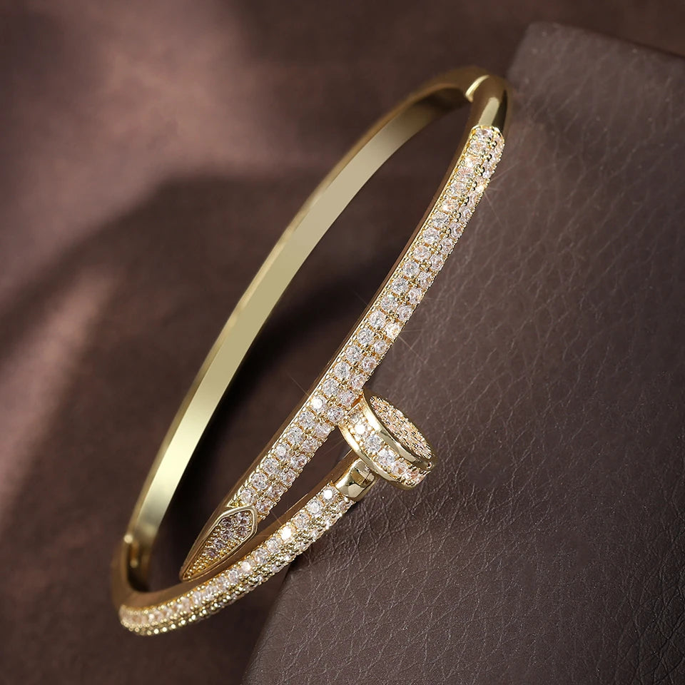 New Zircon Nail Open Fashion Crystal Inlaid Adjustable Silver Gold Women Bracelet Bangle Jewelry