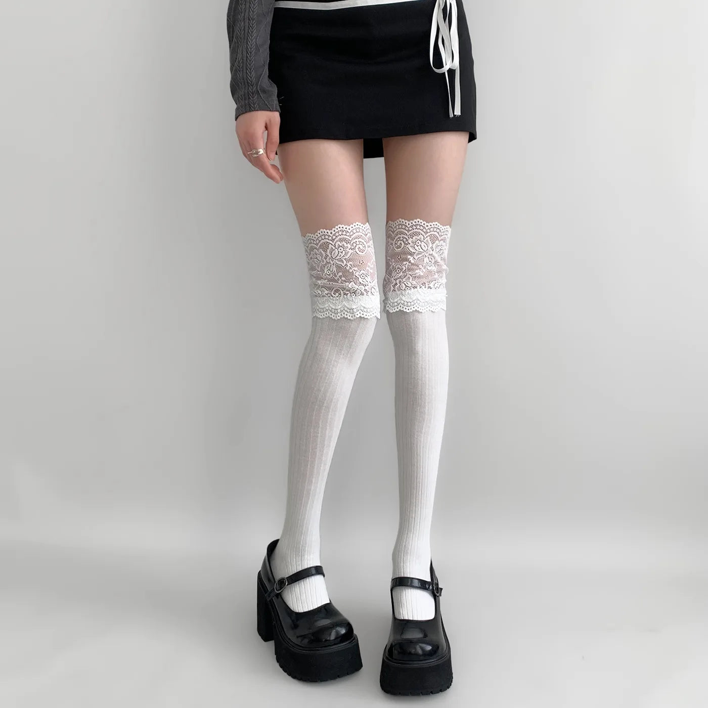 Autumn Winter Black White Thigh High Lace Cute Lolita Thick Warm Long Leg Socks Women Stockings