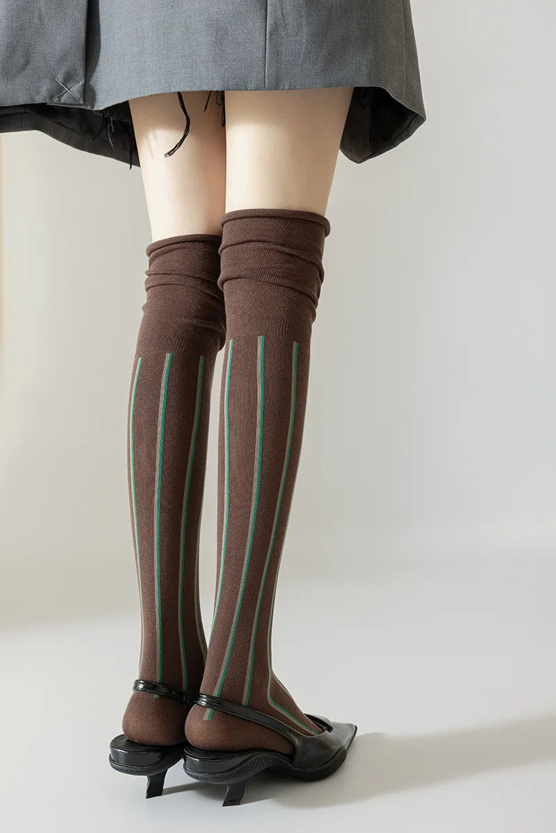 Autumn Fall Fashion Loose Mouth Vertical Stripe Stitching Slim Women Stockings Knee-high Piled Socks