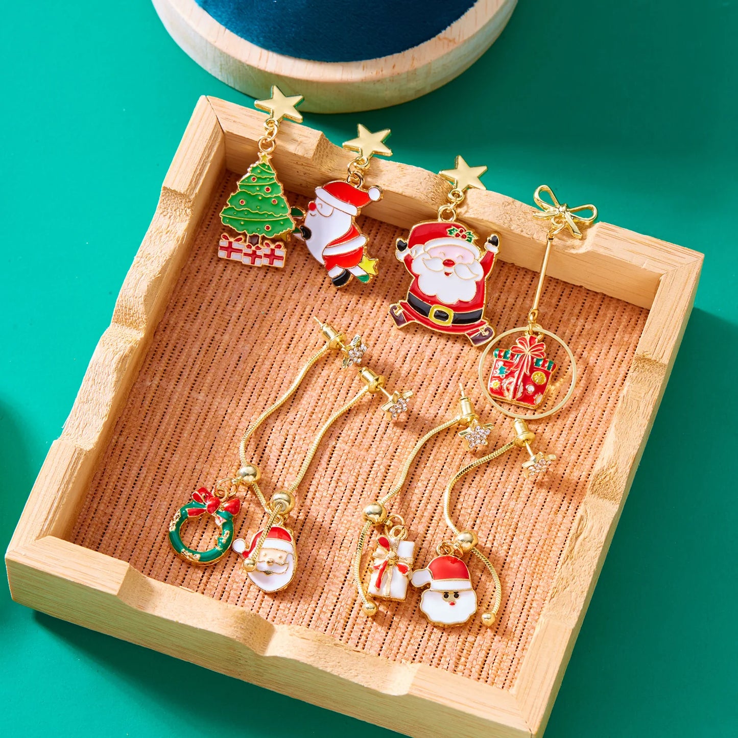 Trendy Asymmetric Enamel Christmas Tree Star Gift Box Santa Tassel Stud Women Earrings Jewelry Gifts
