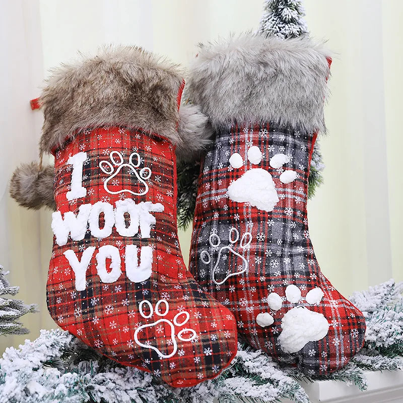 Christmas Dog Cat Pendants Ornaments Fur Collar Lattice Socks Christmas Tree Decorations Fall Gifts
