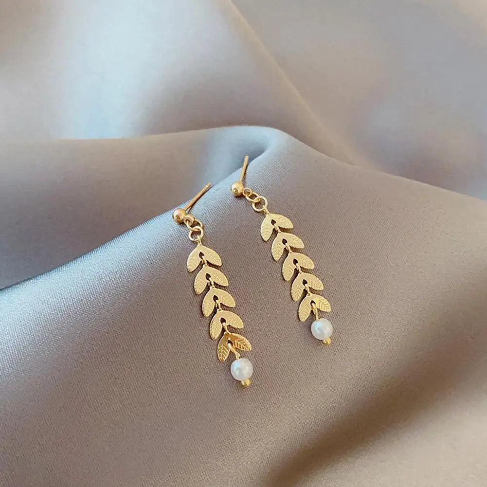 New Simple Wheat Ear Pearl Temperament Lucky Gold Charm Women Bracelet Necklace Earrings Jewelry Set