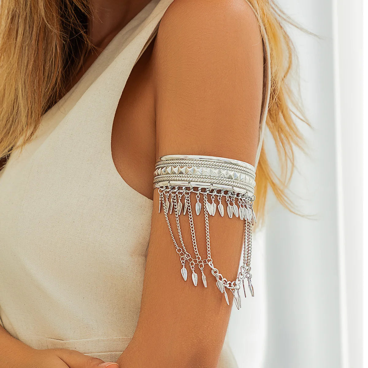 Trendy Metal Coin Leaf Chain Tassel Gold Silver Women Upper Arm Bangle Cuff Bracelet Armlet Armband