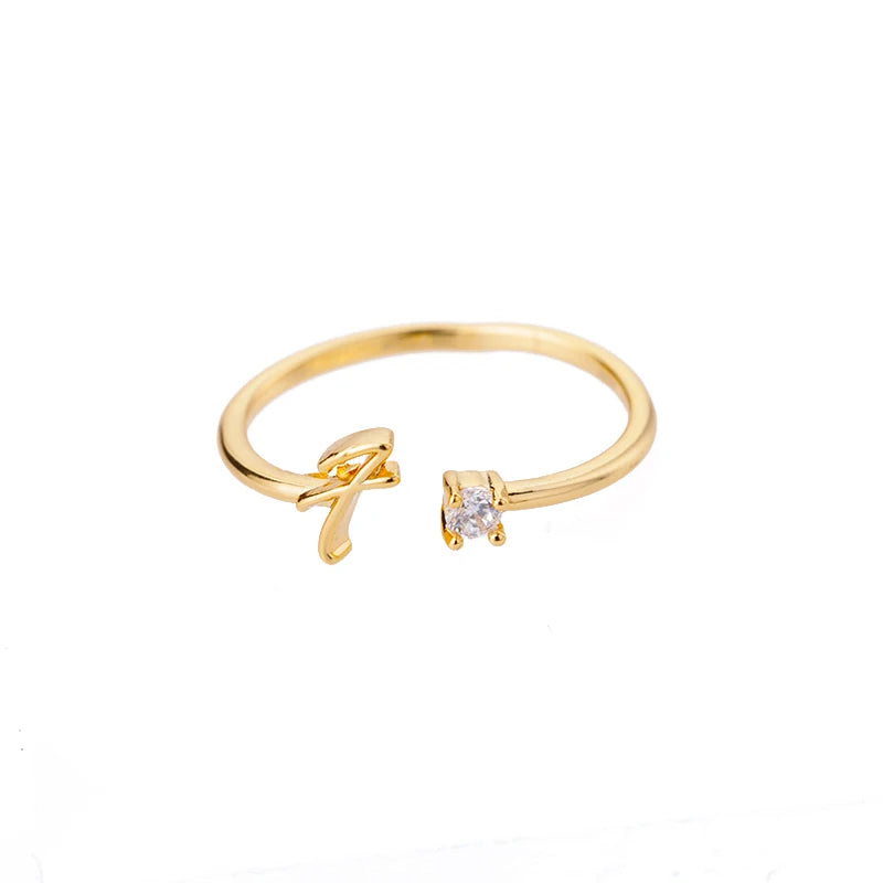 A-Z Initial Open Adjustable Wedding Trendy Crystal Zircon Gold Couple Women Rings Jewelry Gift