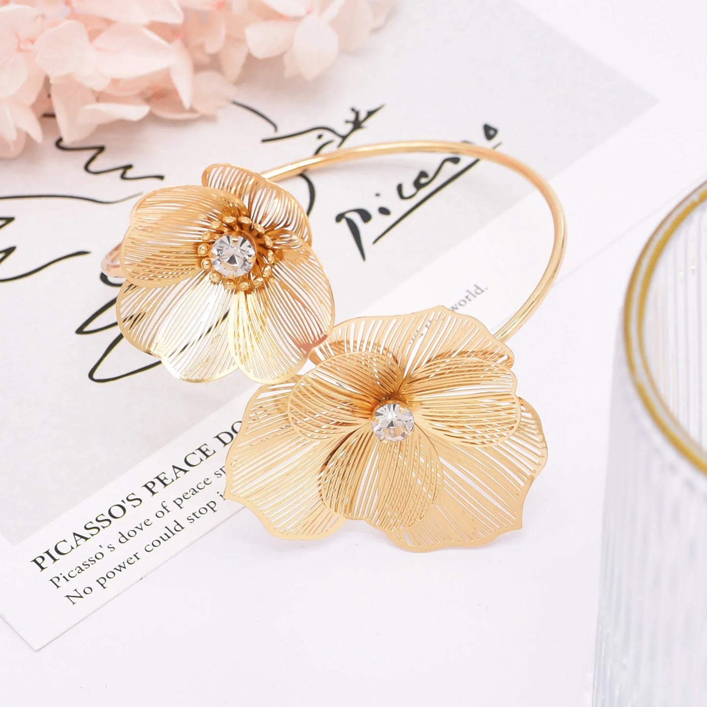 Hollow Crystal Flower Opening Arm Luxury Bridal Wedding Gold Silver Women Bracelet Bangle Jewelry