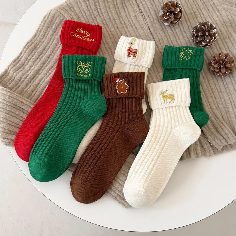 Christmas Girl Women Autumn Winter Fall Cute Mid-tube Cotton Cute Embroidery Cartoon Socks Fall Gift