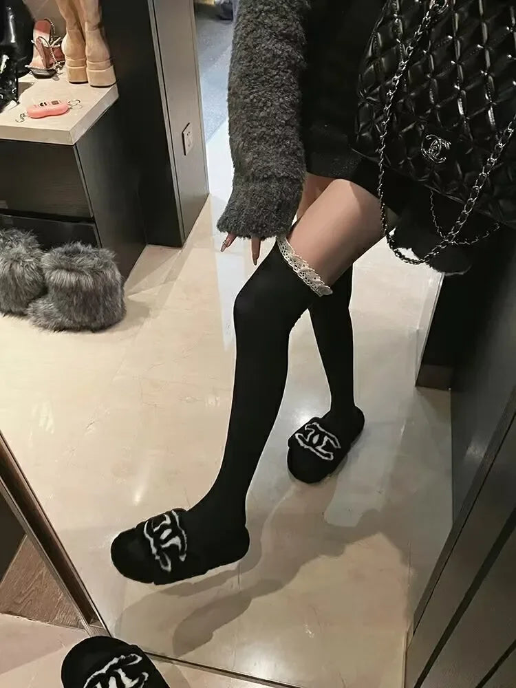 Autumn Winter Black White Grey Thigh High Lace Cute Thick Warm Long Leg Socks Women Stockings