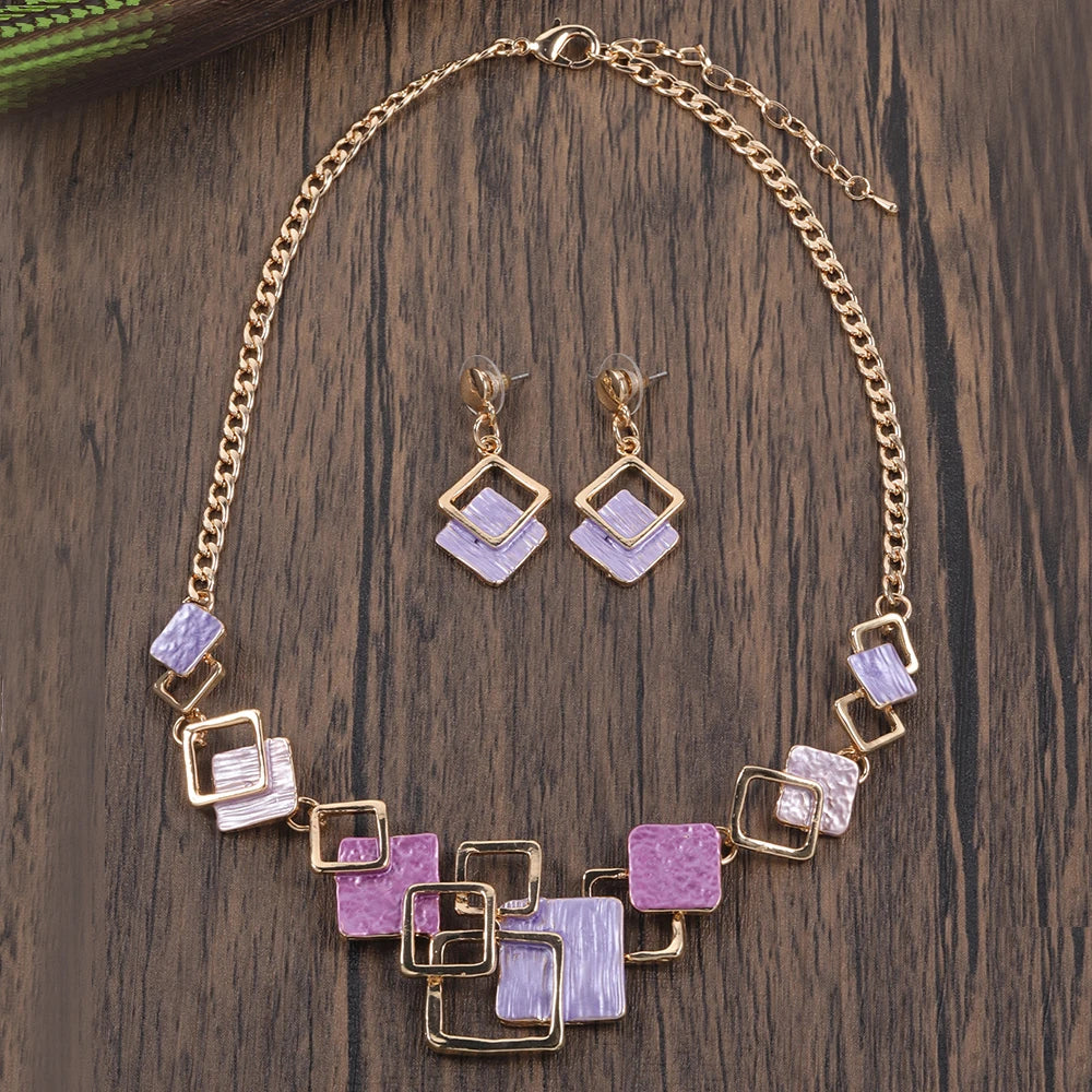 Fashion Simple Drip Oil Geometric Trendy Daily Party Necklace Earrings Gold Silver Women Jewelry Set