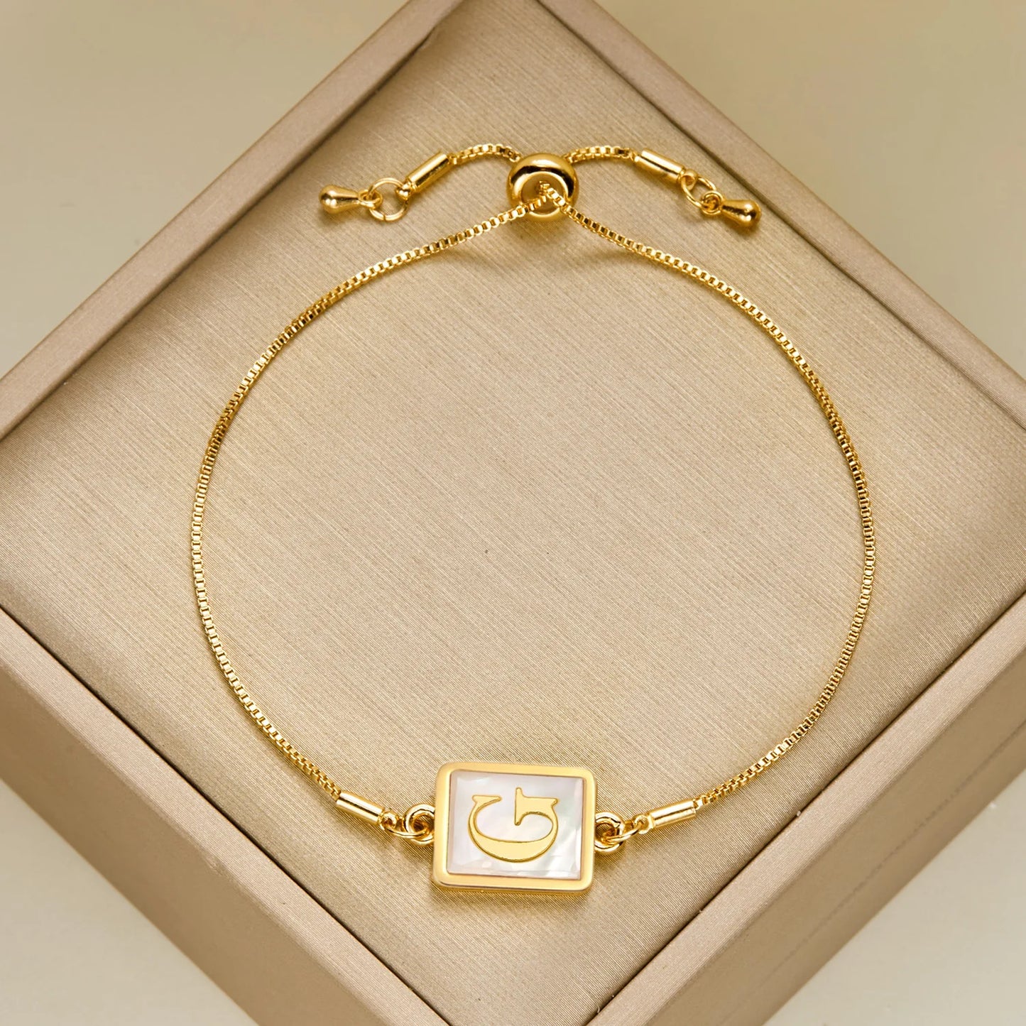 Luminous Square White Shell 26 Alphabet A-Z Initials Letters Adjustable Chain Gold Women Bracelet