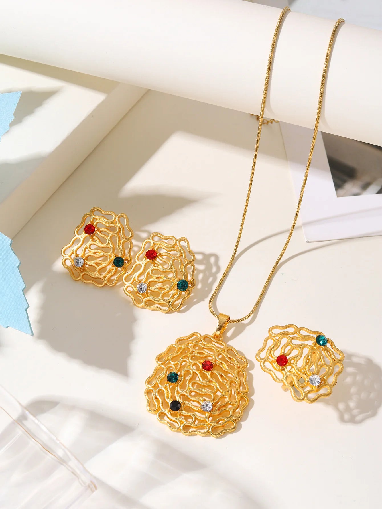 Fashion Best Selling 3-Piece Bridal Gold Women Necklace Earrings Ring Jewelry Set Wedding Party Gift
