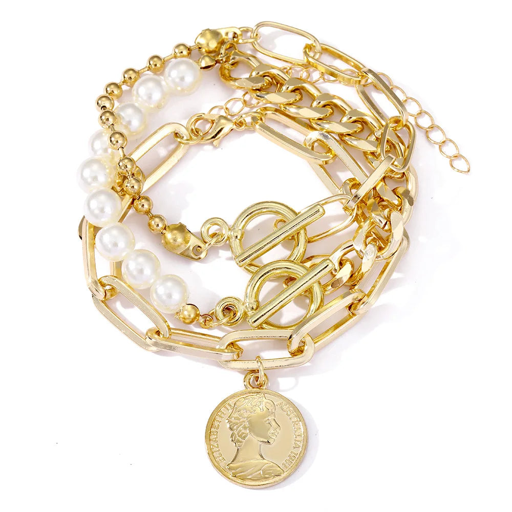 Boho Fashion Bracelets Women Vintage Geometric Pearl Human Head Coin Pendant Gold Jewelry Fall Gift