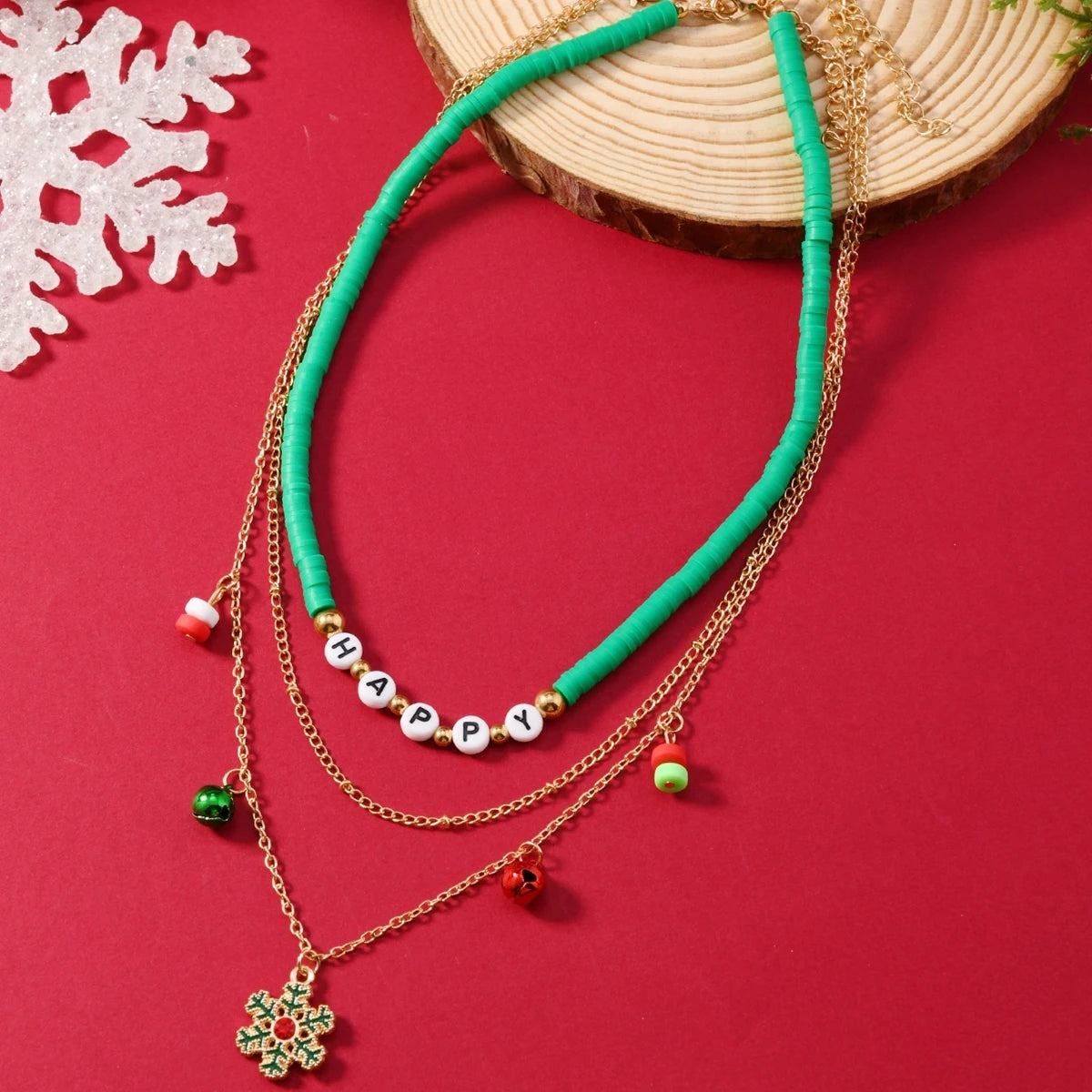 2pcs Trendy Polymer Clay Letters HAPPY Bead Snowflake Snowman Charm Multi-layer Women Necklace Set