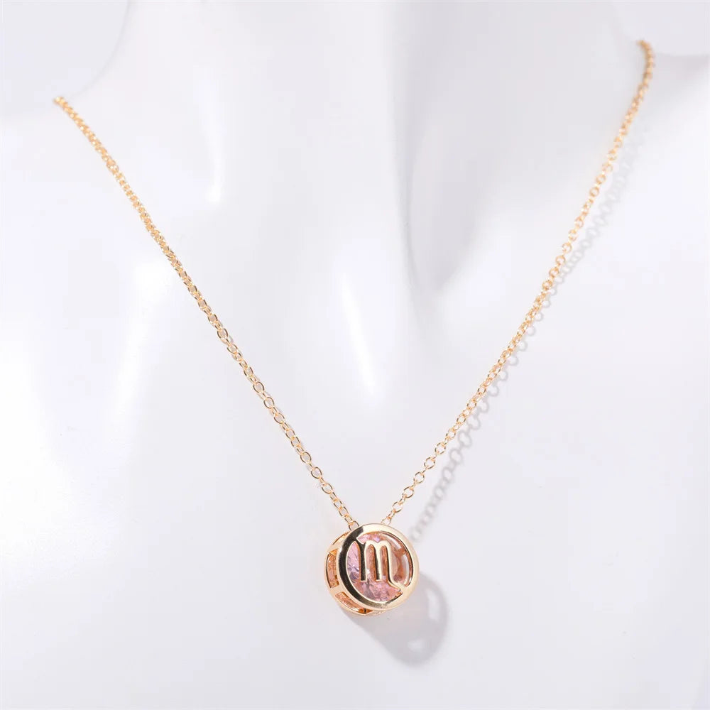 Hollow Carved 12 Constellations Symbol Pendant Trend Crystal Month Birthstone Women Necklaces Choker