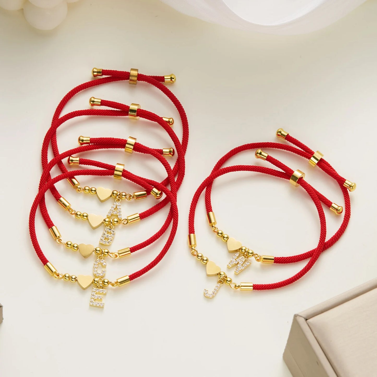 Gold Crystal Zircon A-Z Heart Initial Letter Charm Lucky Red Adjustable Rope Women Bracelet Jewelry