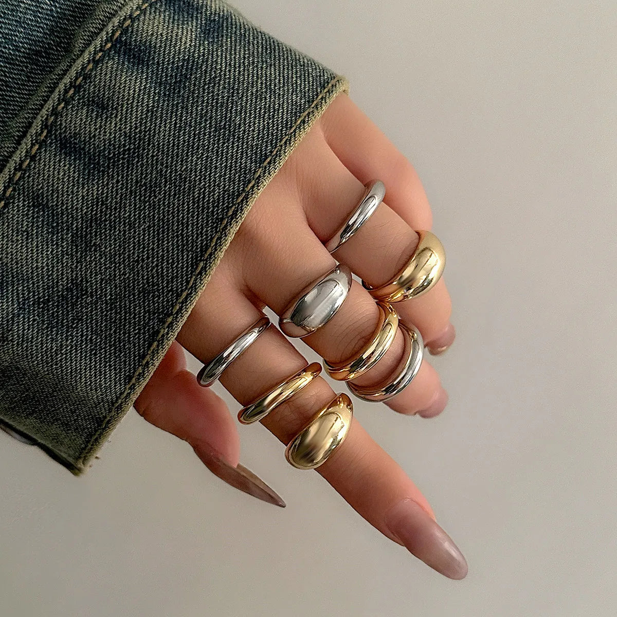8pcs Chunky Open Smooth Surface Trendy Gold Silver Mixed Women Rings Set Jewelry Gifts