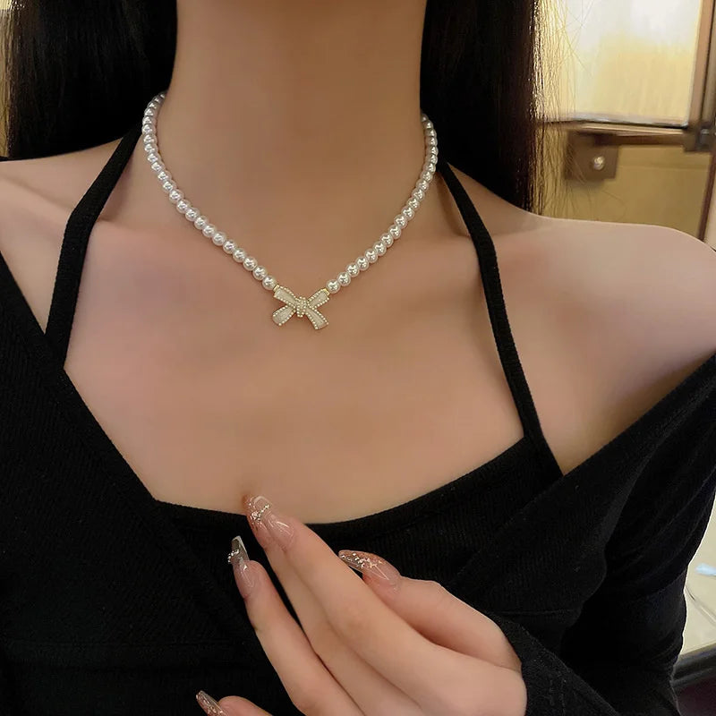 Aesthetic Pearl Bead Butterfly Bow Korean Fashion Planet Heart Pendant Women Necklace Choker Jewelry