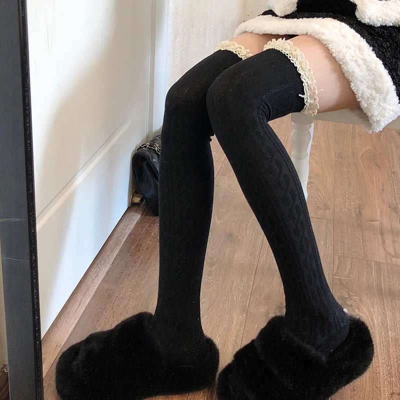 Autumn Winter Black White Grey Thigh High Lace Cute Thick Warm Long Leg Socks Women Stockings