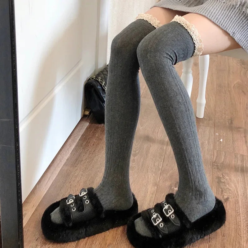 Autumn Winter Black White Grey Thigh High Lace Cute Thick Warm Long Leg Socks Women Stockings