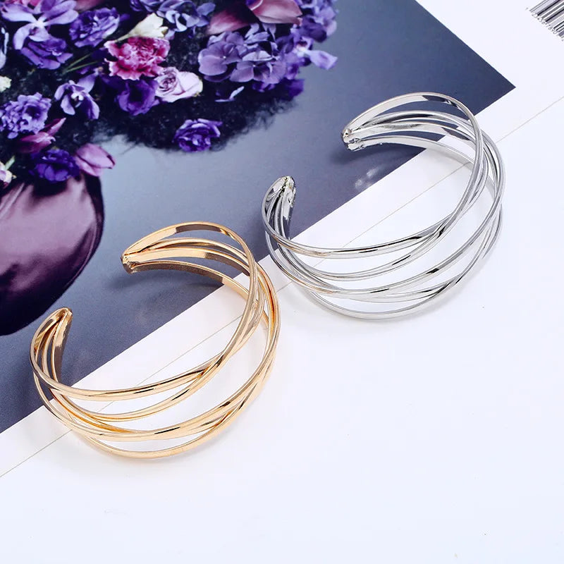 Fashion Open Wide Metal Layered Wrist Cuff Wrap Vintage Gold Silver Women Bangle Bracelet Jewelry