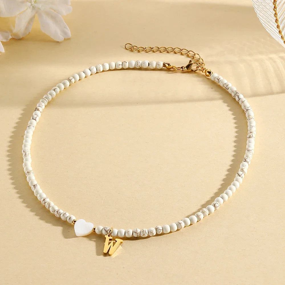 Bohemian Trendy A-Z Initial Heart Shaped Shell letter Pendant Beads Gold Women Necklace Choker