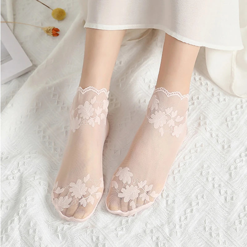 5 Pairs Socks Lace Transparent Lolita Invisible Thin Non-slip Short Ankle Low Cut Boat Women Socks