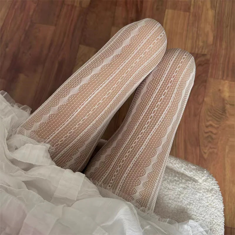 Sexy Stripes Lace Fishnet White Wine Red Gray Black Tights Thin Party Club Socks Pantyhose Stockings