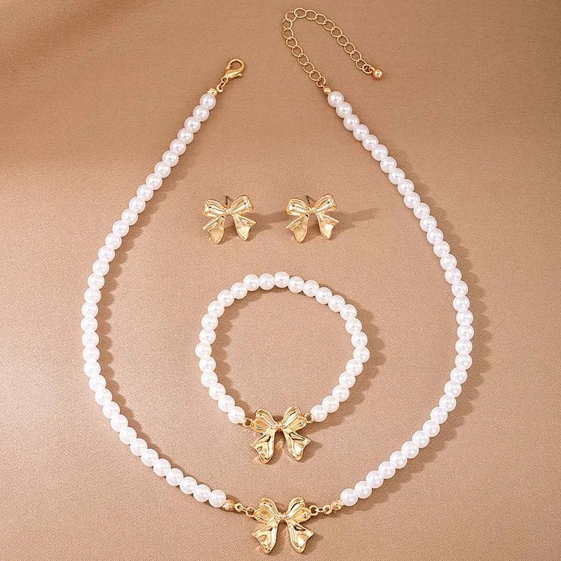 Chain Bowknot Imitation Pearl Fashion Classic Necklace Earrings Bracelet Gold Women Jewelry Set Gift