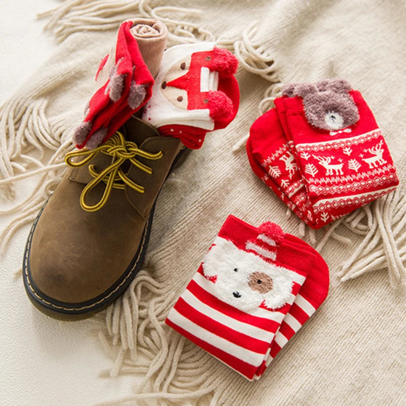 3 Pairs New Year Cute 3D Cartoon Decorative Middle Tube Cotton Winter Fall Christmas Socks Gifts
