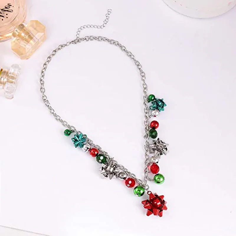 Christmas Jingle Bell Present Bow Pendant Gold Silver Women Girls Necklace Earrings Bracelet Gifts