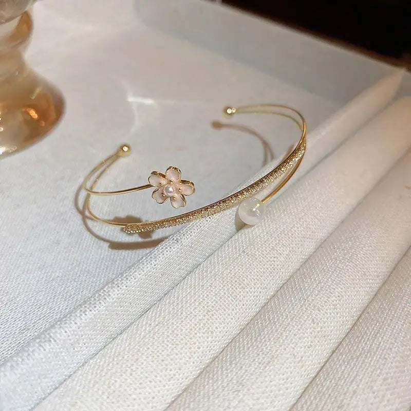 Luxury Zircon Flower Imitation Pearl Opening Gold 3 Layers Fashion Women Bracelet Bangle Jewelry