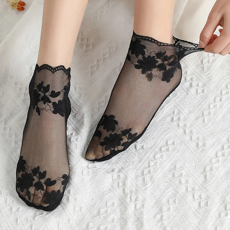 5 Pairs Socks Lace Transparent Lolita Invisible Thin Non-slip Short Ankle Low Cut Boat Women Socks