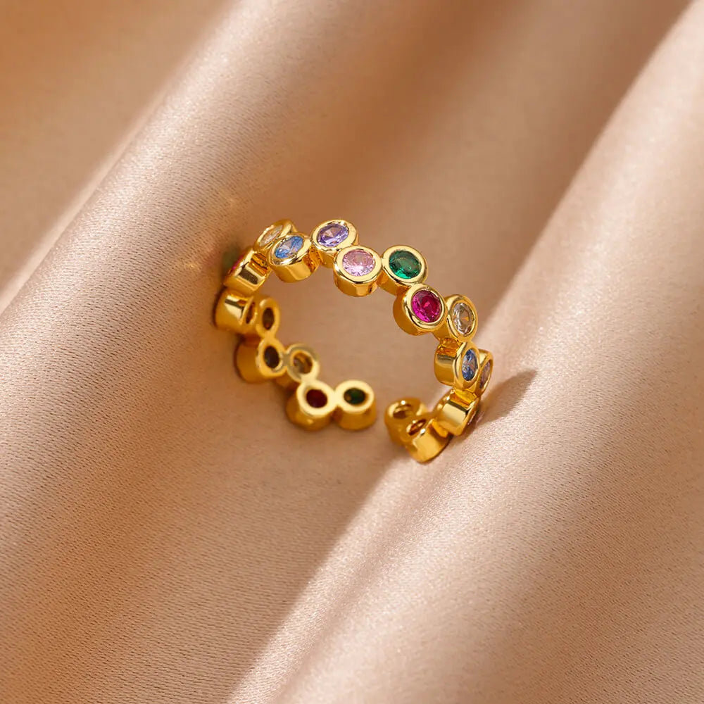 Pinky Colorful Zircon Crystal Gold Trendy Couple Aesthetic Wedding Y2K Open Women Rings Jewelry