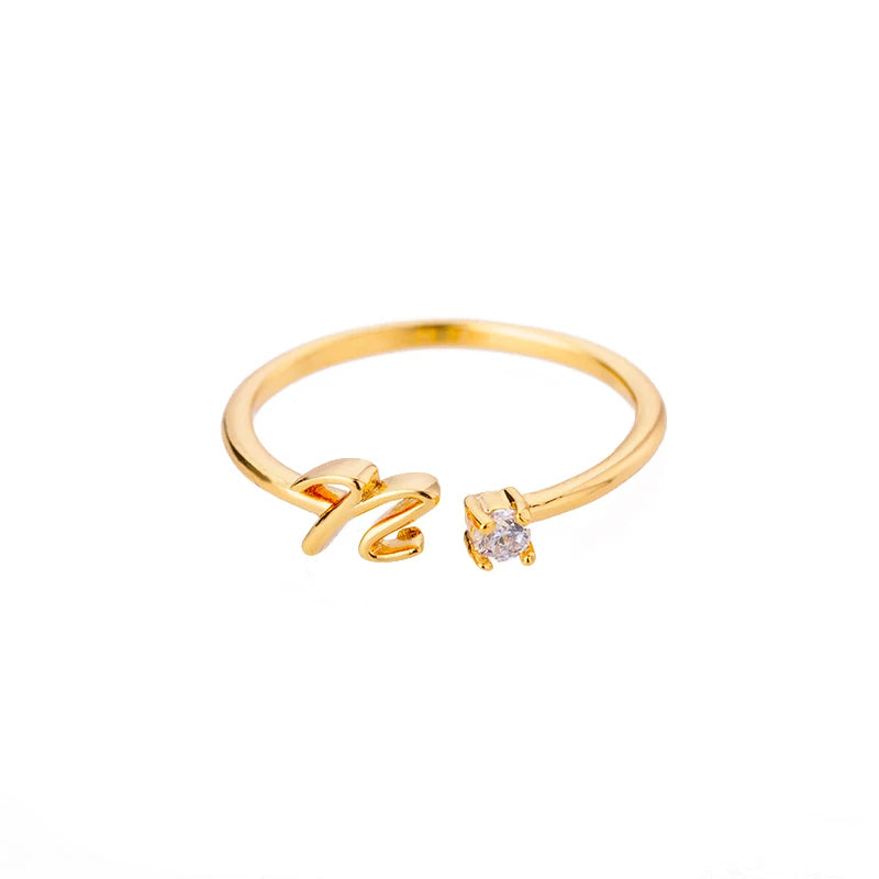 A-Z Initial Open Adjustable Wedding Trendy Crystal Zircon Gold Couple Women Rings Jewelry Gift