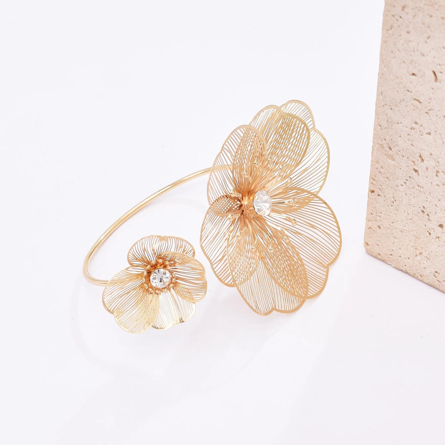Hollow Crystal Flower Opening Arm Luxury Bridal Wedding Gold Silver Women Bracelet Bangle Jewelry