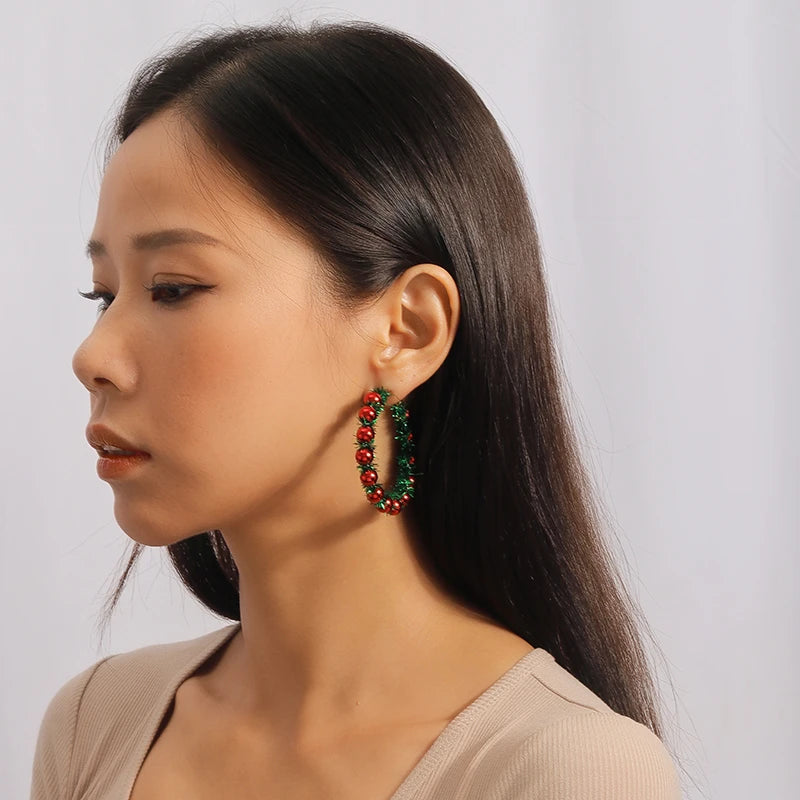 Fashion Merry Christmas Wreath Circle Hoop Gold Women Girls Earrings New Year Festival Jewelry Gifts