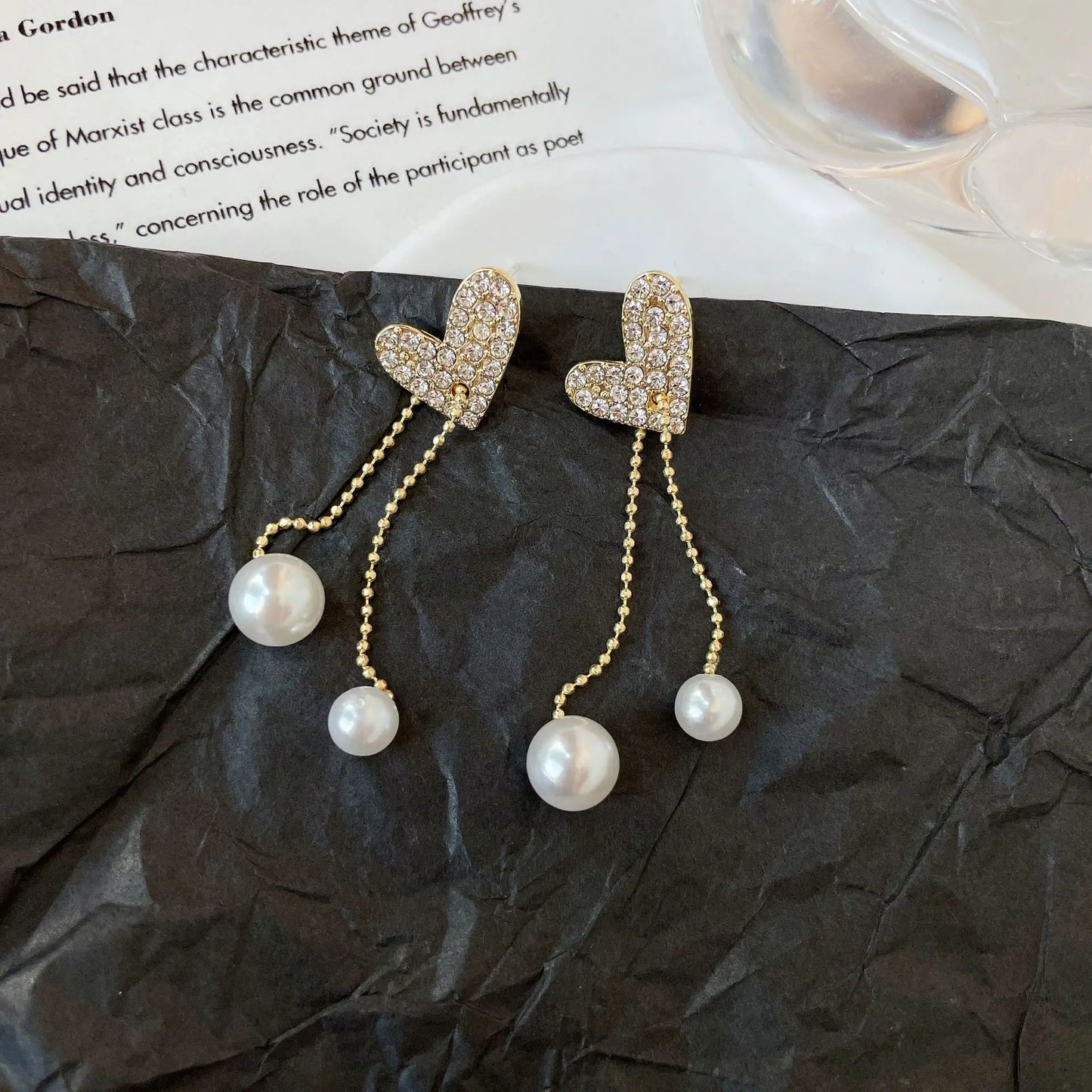 Crystal Heart Pearl Chain Tassel Long Drop Earrings Women Temperament Fall Christmas Jewelry Gift