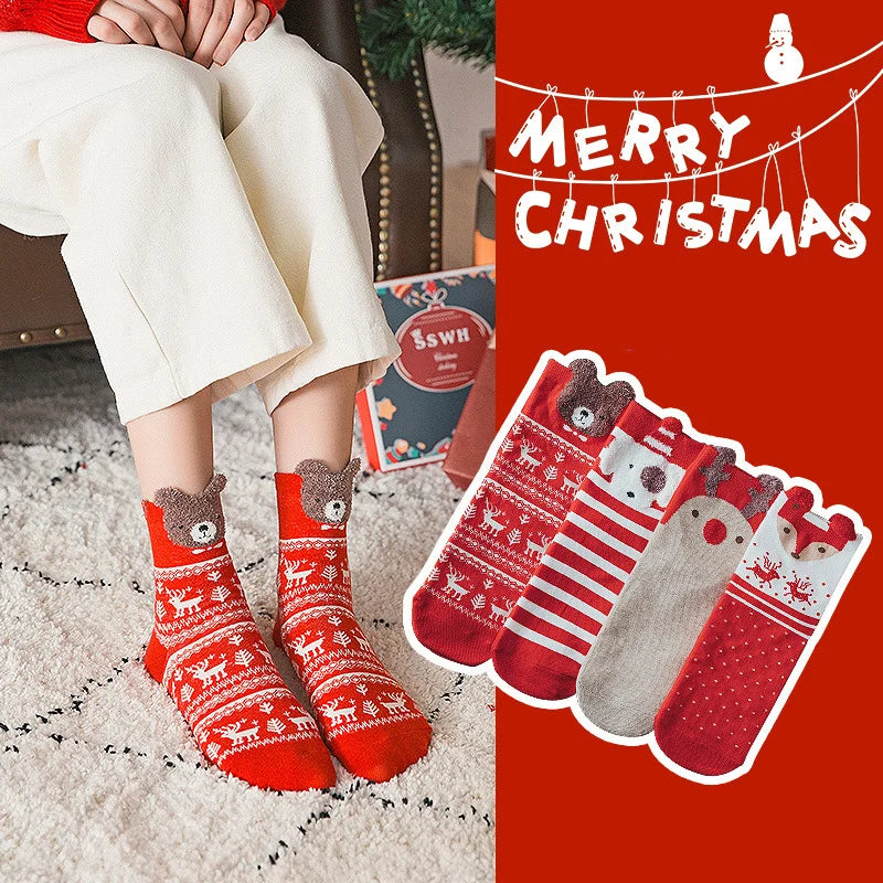 Woman Fall Christmas Funny Xmas Santa Claus Tree Snowflake Elk Snow Cotton Tube Crew Happy Socks