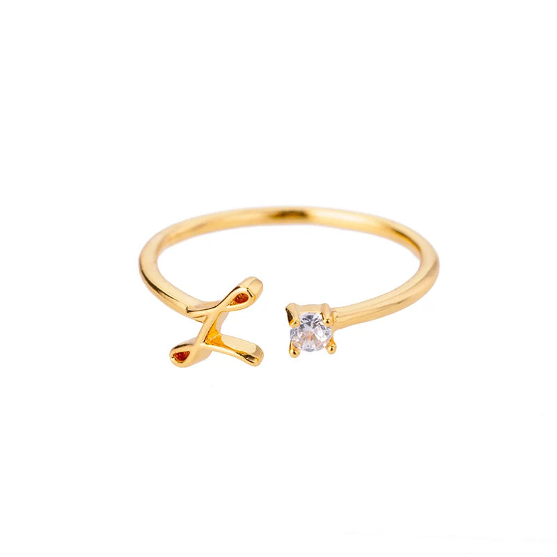 A-Z Initial Open Adjustable Wedding Trendy Crystal Zircon Gold Couple Women Rings Jewelry Gift