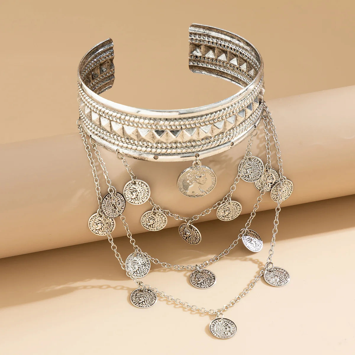 Trendy Metal Coin Leaf Chain Tassel Gold Silver Women Upper Arm Bangle Cuff Bracelet Armlet Armband