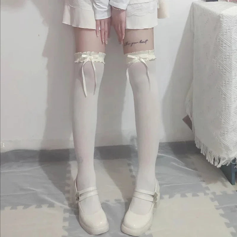 Lace Ruffle Long Sweet Lolita Lace Over The Knee Bowknot Hosiery Black White Women Socks Stockings