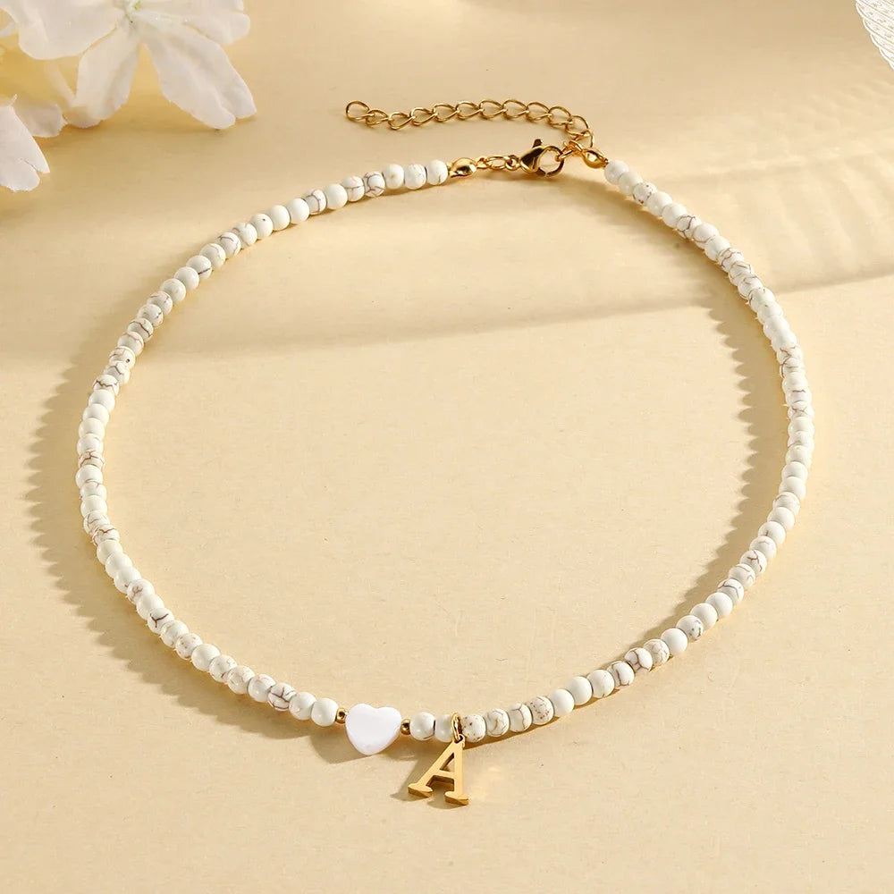 Bohemian Trendy A-Z Initial Heart Shaped Shell letter Pendant Beads Gold Women Necklace Choker