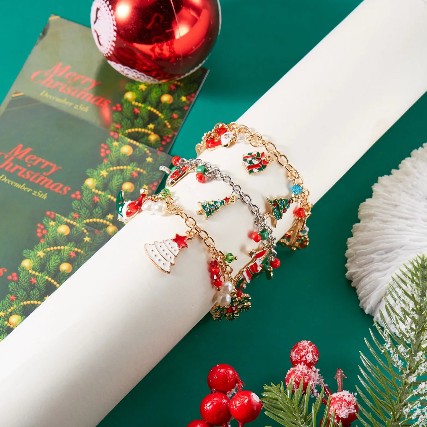 Creative Christmas Tree Snowflake Snowman Pearl Santa Claus Metal Chain Women Bracelet Bangle Gift