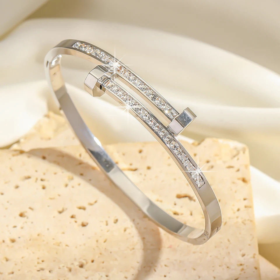 New Zircon Nail Open Fashion Crystal Inlaid Adjustable Silver Gold Women Bracelet Bangle Jewelry