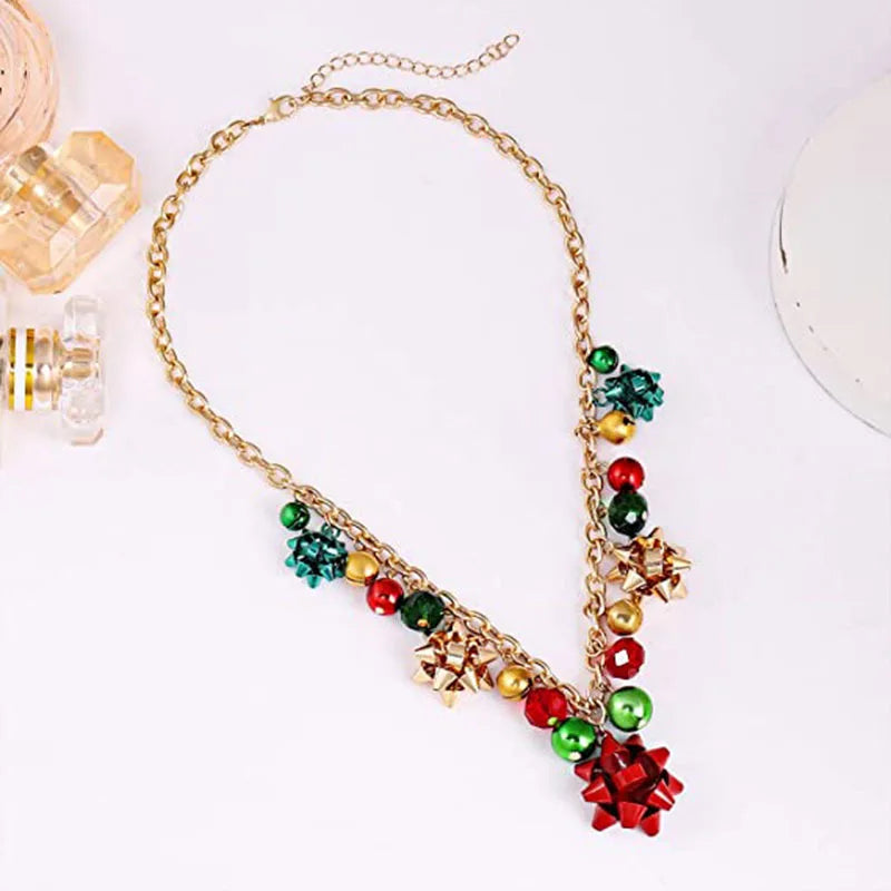 Christmas Jingle Bell Present Bow Pendant Gold Silver Women Girls Necklace Earrings Bracelet Gifts