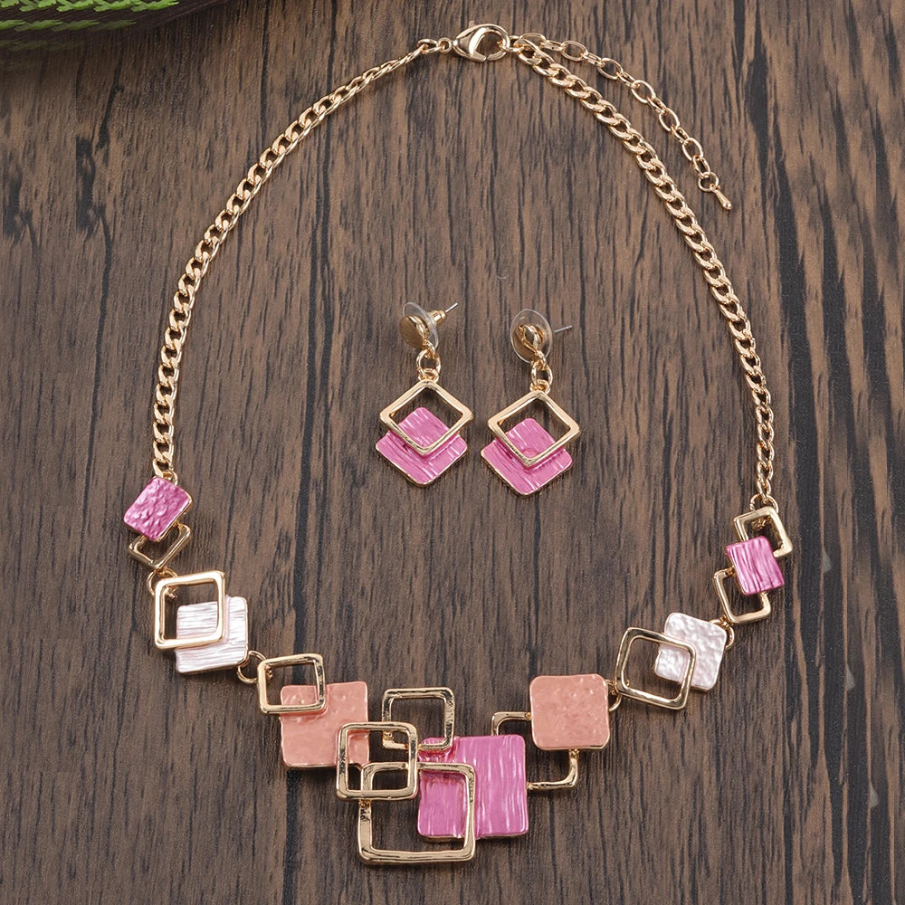 Fashion Simple Drip Oil Geometric Trendy Daily Party Necklace Earrings Gold Silver Women Jewelry Set