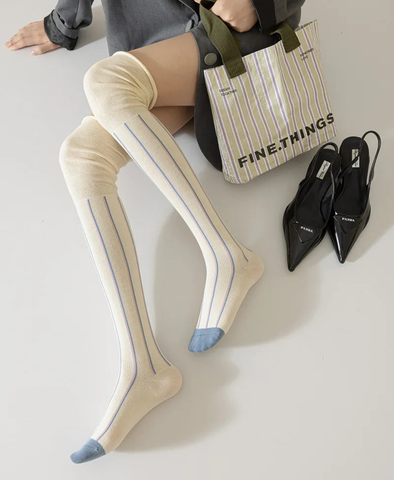 Autumn Fall Fashion Loose Mouth Vertical Stripe Stitching Slim Women Stockings Knee-high Piled Socks