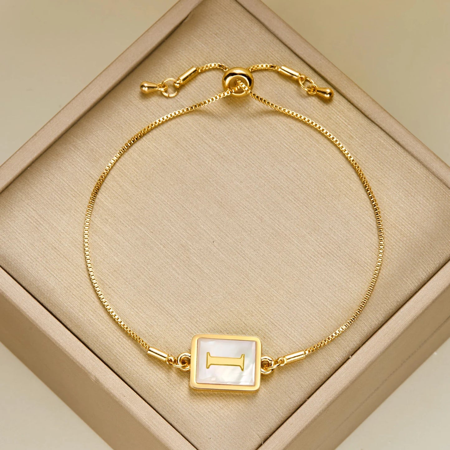 Luminous Square White Shell 26 Alphabet A-Z Initials Letters Adjustable Chain Gold Women Bracelet